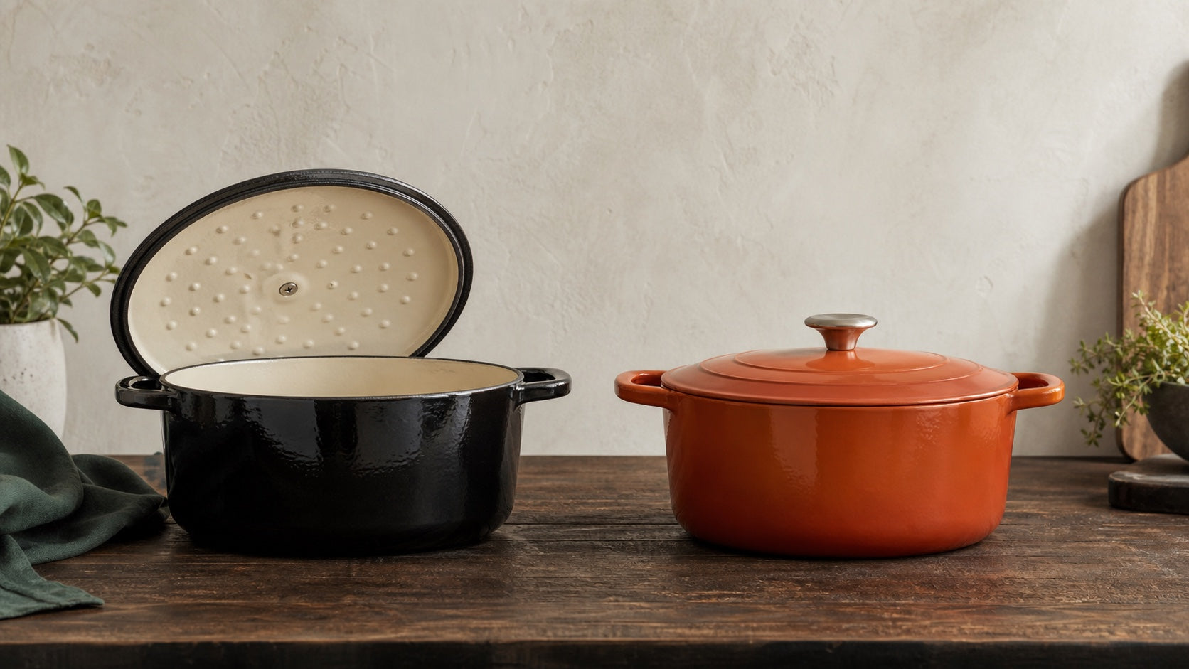 Black and flame enamelled cast iron French ovens compared side by side