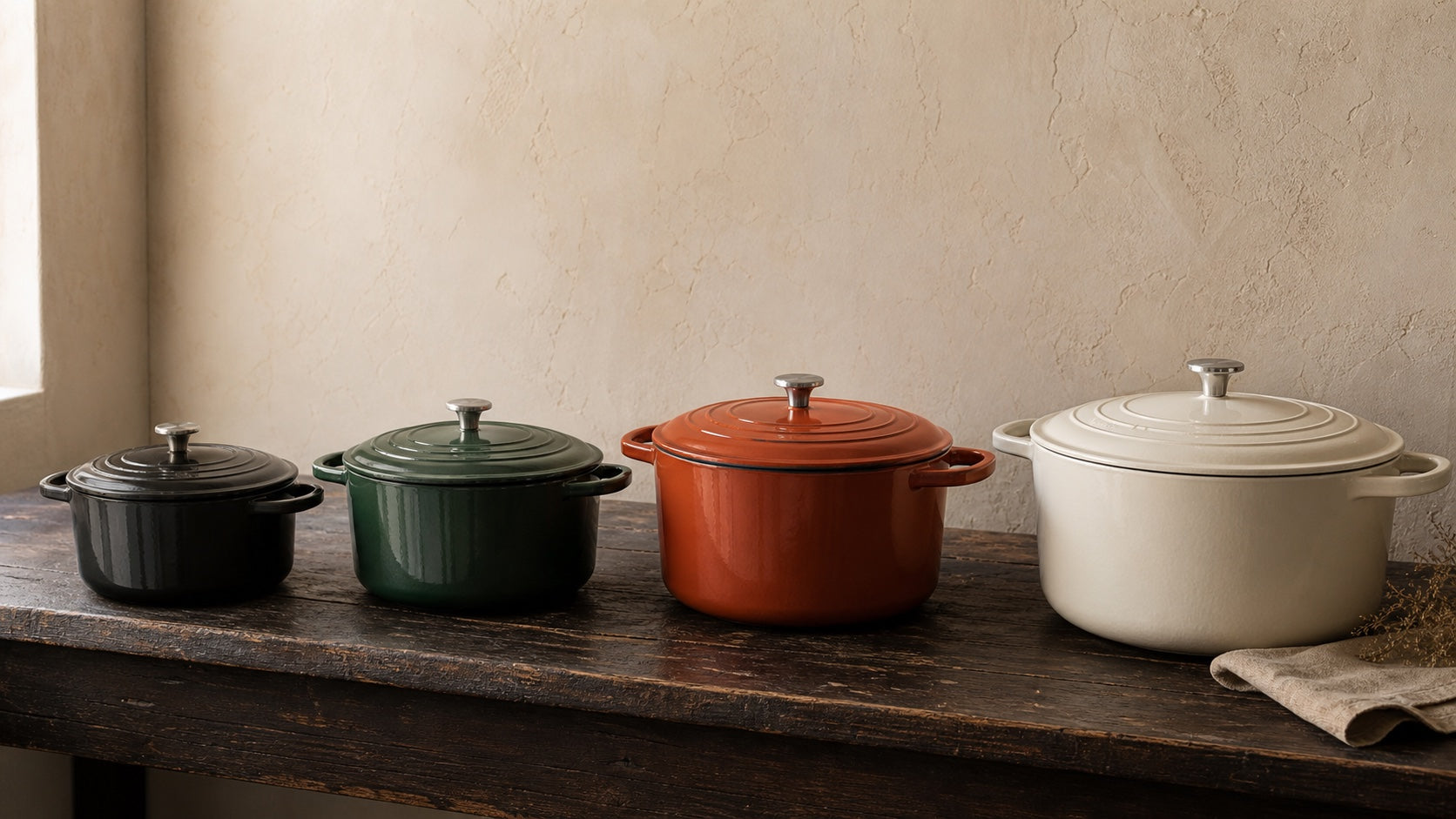 Four enamelled cast iron Dutch ovens arranged from 2 litres to 8.8 litres