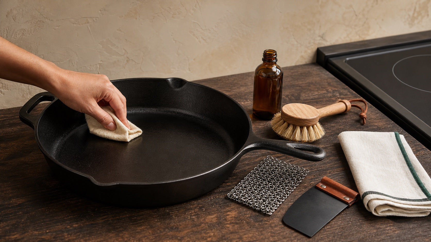 Wiping oil onto a clean cast iron skillet beside a chainmail scrubber and pan scraper