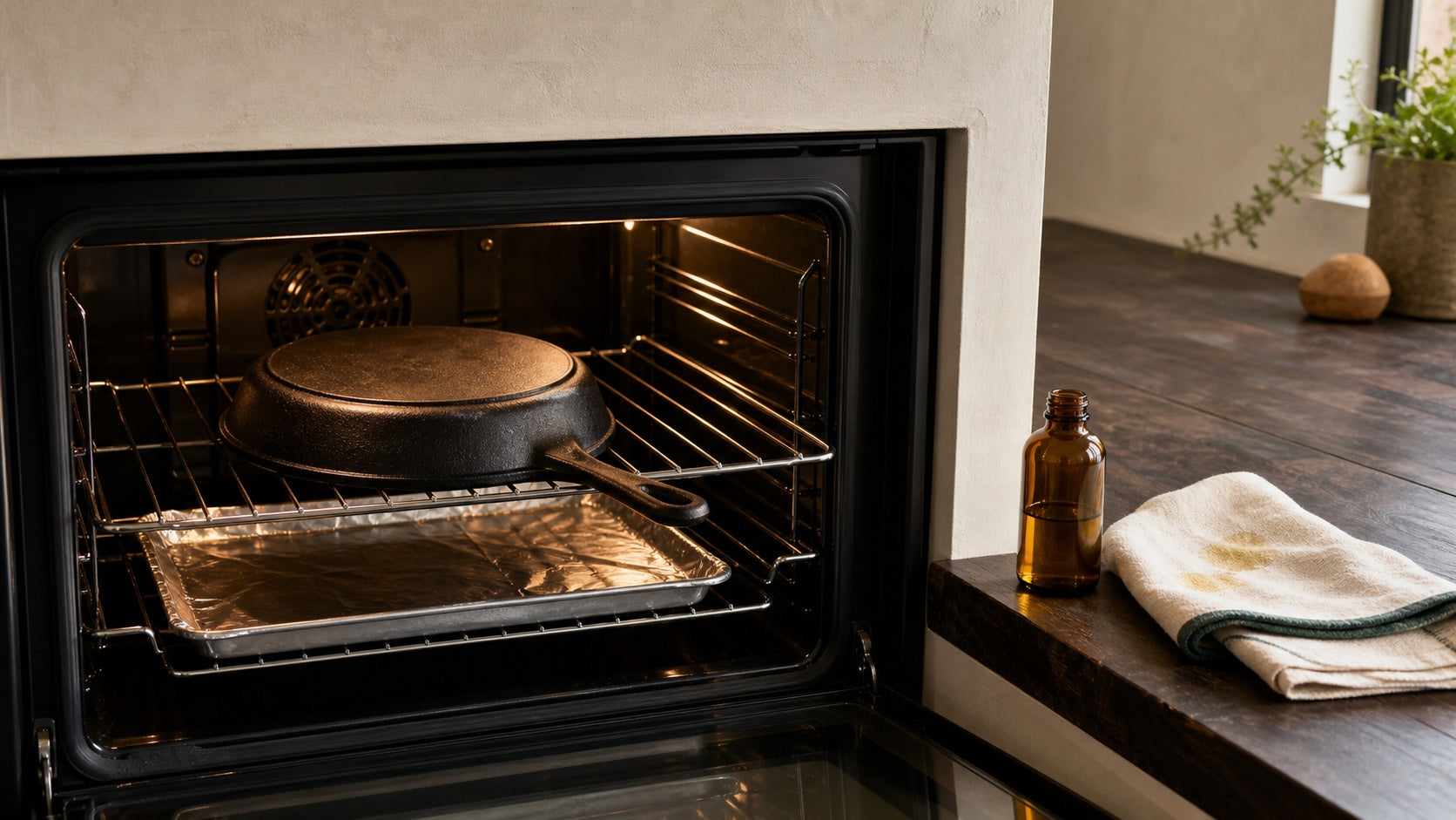 Cast iron skillet placed upside down in an oven with a drip tray below