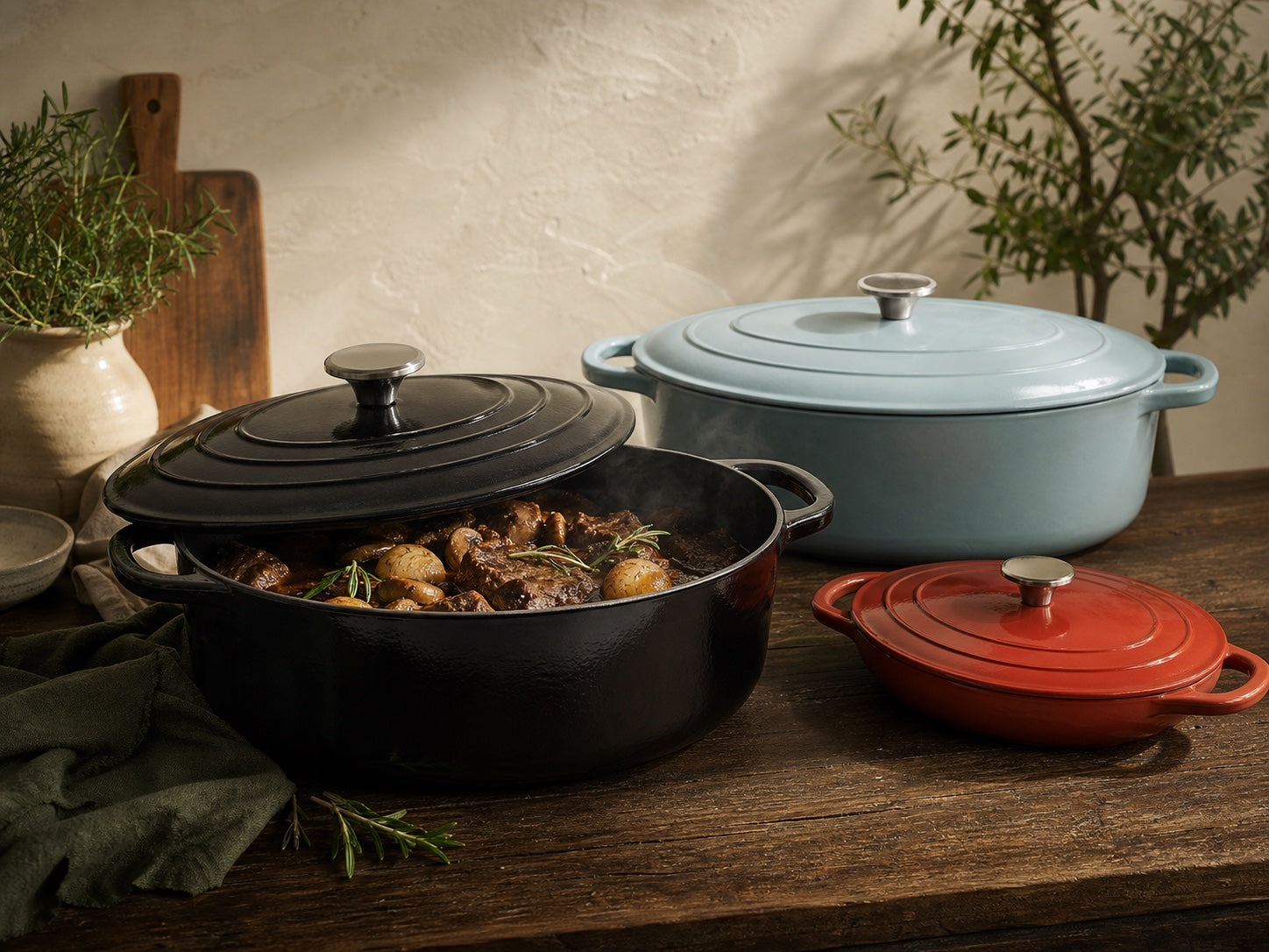 Caviar, Duck Egg Blue and red French enamelled cast iron ovens and casserole