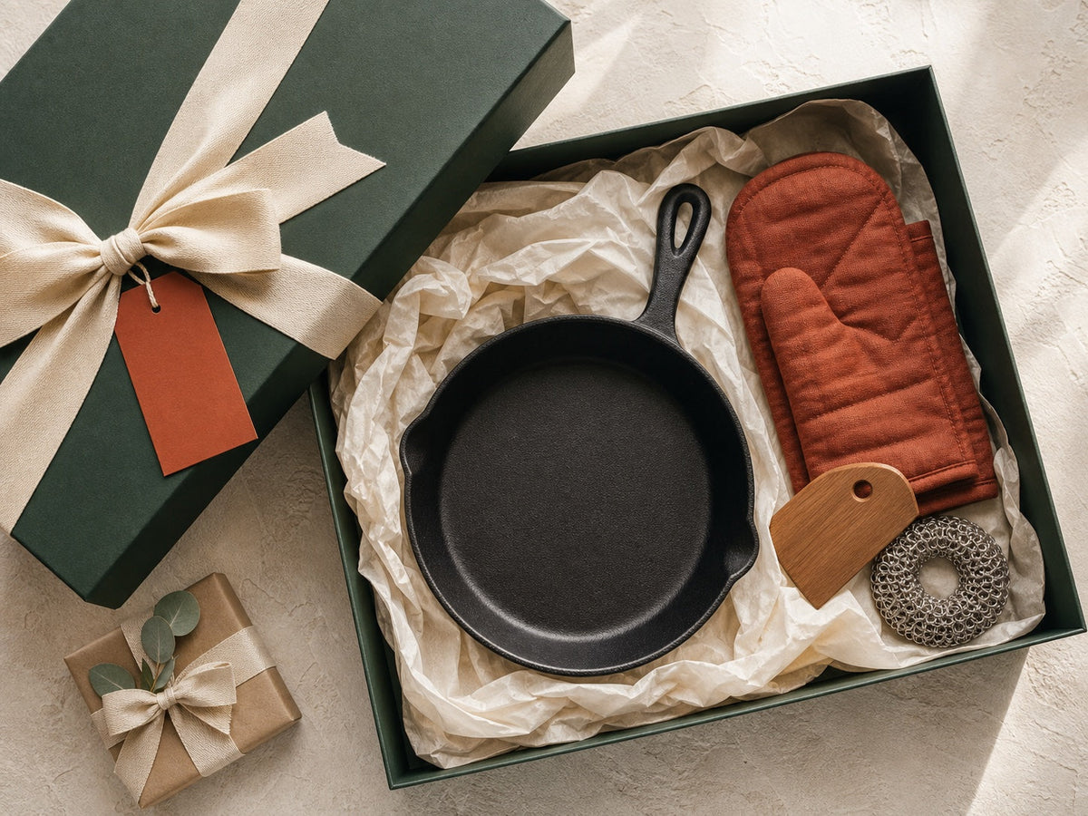 Cast iron skillet and kitchen accessories presented in a green gift box with ribbon