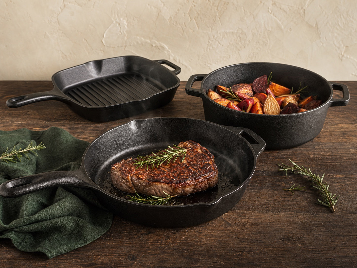 Pyrocast cast iron skillet, grill pan and roaster on a timber kitchen bench