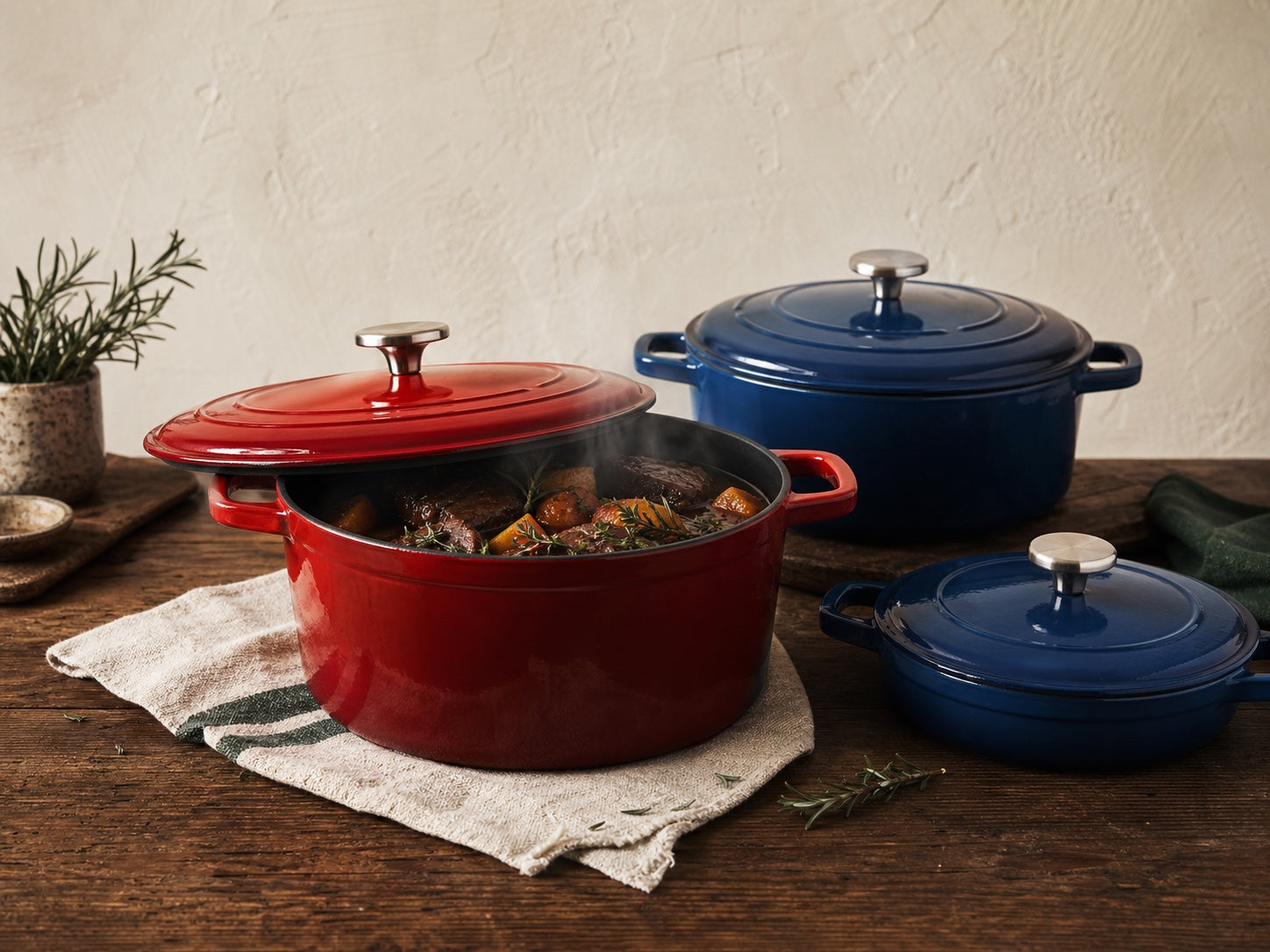 Red and ocean-blue enamelled cast iron French ovens and casserole cookware